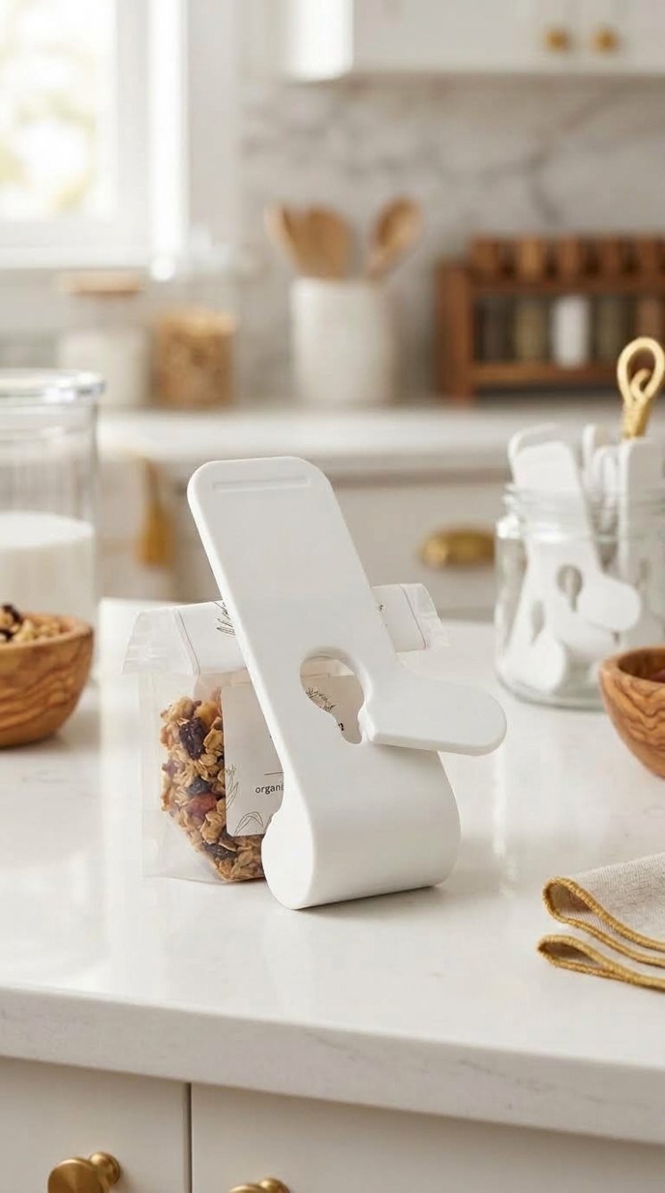 Generated 9:16 ad scene — the bag sealer clipped on a granola bag on a marble kitchen counter
