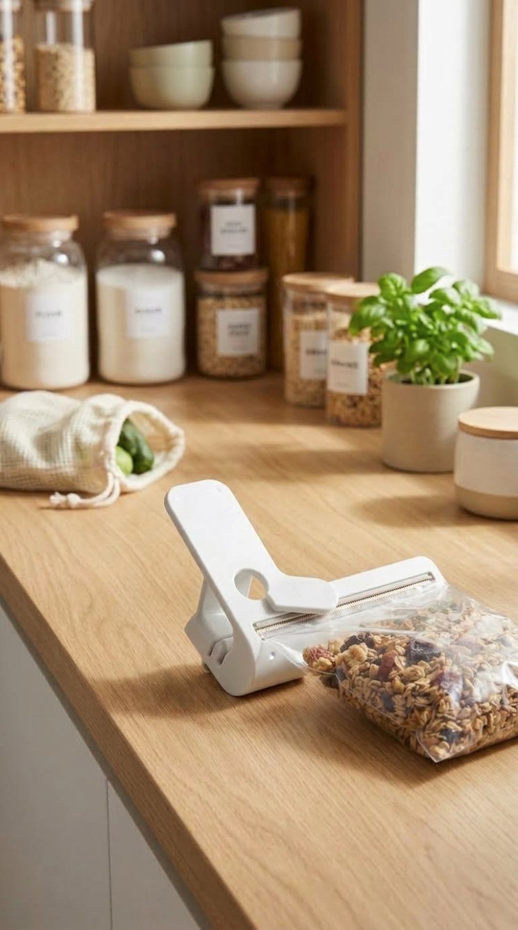 Generated 9:16 ad scene — the sealer on an oak shelf sealing a bag of granola